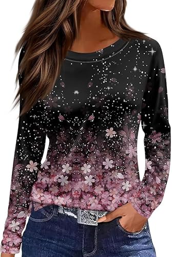Damen Langarmshirt Bedruck Oberteile Herbst Tshirt Rundhal Tshirts Baumwolle Casual Tops Rundhals Streifen Sport Langarm mit Blumenmuster geometrischem Druck Tunika Shirt Elegant Bluse von Generic