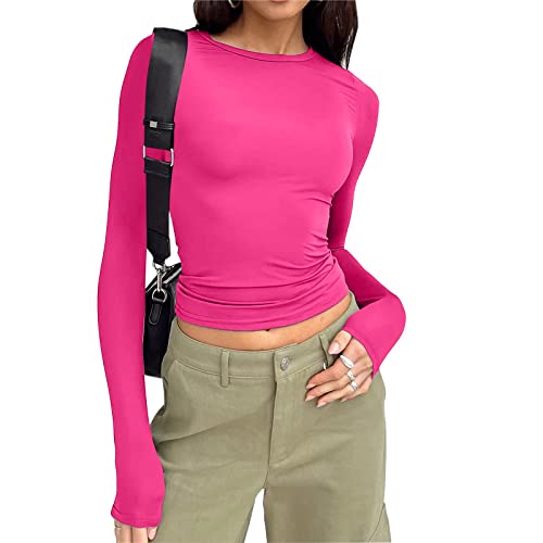 Damen Langarmshirt Elegant Oberteil Y2K Fashion Crop Top Sexy Langarm T-Shirt Bluse Aesthetic Clothes Outfit Frühling Sommer Damen Crop Tops Rundhals Slim Fit Top T-Shirt Lässige Streetwear von Generic