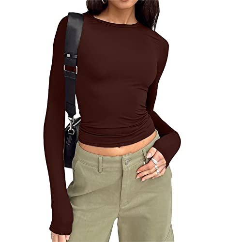 Damen Langarmshirt Elegant Oberteil Y2K Fashion Crop Top Sexy Langarm T-Shirt Bluse Aesthetic Clothes Outfit Frühling Sommer Damen Crop Tops Rundhals Slim Fit Top T-Shirt Lässige Streetwear von Generic