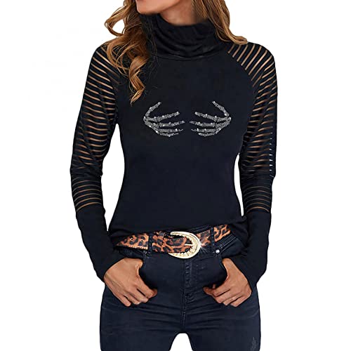 Damen Langarmshirt Elegant Spitze Sexy Glitzer Shirt Langarm Tunika Bluse Pullover Pulli mit Strass Freitzeit Oberteile Basic Top von Generic