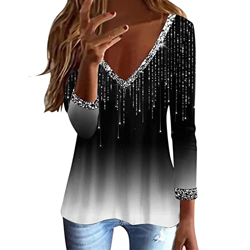 Damen Langarmshirt V-Ausschnitt Schmaler Passform, Top Tunika Bluse T-Shirt Oberteil Pailletten Drucken Pullover Elegant Basic Tops Casual Lose Mode Freizeit Langarm Lässiges T-Shirt von Generic