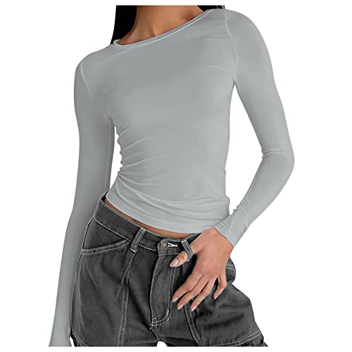 Damen Langarmshirt Y2 K Langarm Tops Pullover Streetwear, enges Slim Fit Bluse T-Shirt Solid Yoga Oberteile, Lässiges langärmliges T-Shirt, schlankes sexy Hemd, Damen Sexy Crop Top Langarm Sportshirt von Generic