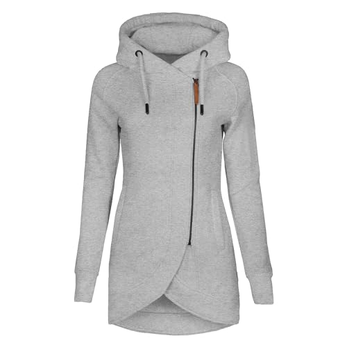 Damen Lange Kapuzenpullover Zipper Hoodie Herbst Winter Pulli Sweatjacke mit Reißverschluss (02 Grau, S) von Generic