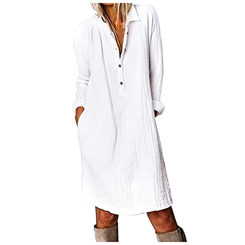 Damen Lange Leinenkleid Langarm Sommer mit Knopfleiste Kurzarm V-Ausschnitt Sommerkleid Knielang Leinenkleider Baumwolle Leinen Casual Freizeitkleid Strandkleider Boho Kleid A-Linie Kleid, Weiß, S von Generic