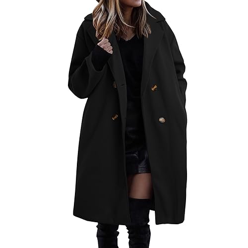 Damen Lange Mantel Jacke Lange Einfarbig Wollmantel Slim Fit Warm Wintermantel Revers Frauenmantel Klassischen Doppelten Breasted Trenchcoat Dicke Lang Outwear Coat mit Taschen von Generic