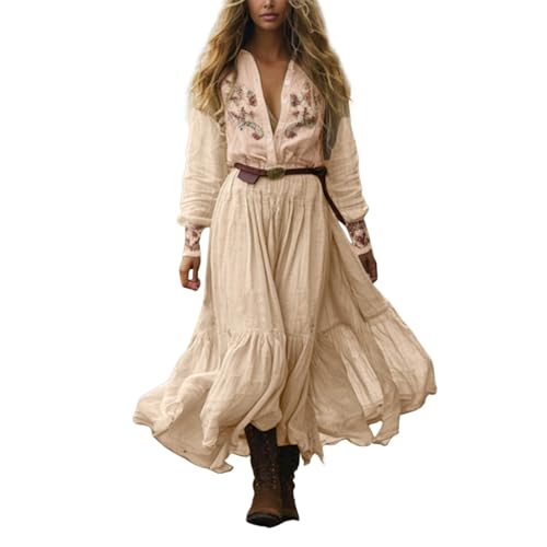Damen Langes Boho Kleid Vintage Rustikaler Stil V-Ausschnitt Kleid mit Blumenmuster Lässiges Maxikleid Frühling Langarm Blumenkleid Western Country Chiffonkleid (Beige, L) von Generic