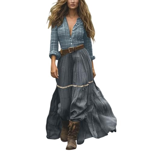 Damen Langes Boho Kleid Vintage Rustikaler Stil V-Ausschnitt Kleid mit Blumenmuster Lässiges Maxikleid Frühling Langarm Blumenkleid Western Country Chiffonkleid (Green, L) von Generic