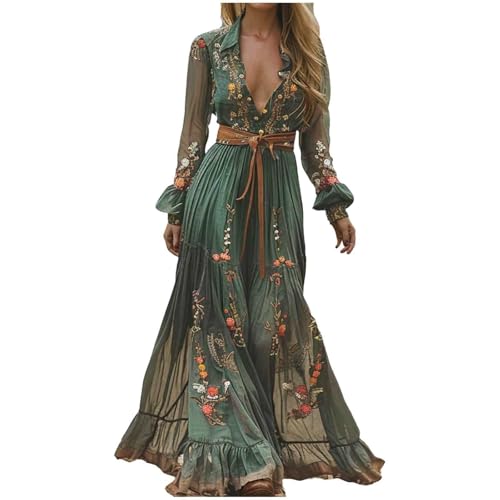 Damen Langes Boho Kleid Vintage Rustikaler Stil V-Ausschnitt Kleid mit Blumenmuster Lässiges Maxikleid Frühling Langarm Blumenkleid Western Country Chiffonkleid (Green#2, M) von Generic