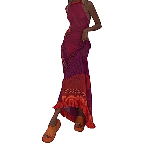 Damen Langes Cover Up Strickkleid Sommer Langes Strickkleid Ärmelloses Durchsichtiges Maxikleid 2023 Trendiges Cover Up Kleid (Rose Red, One Size) von Generic