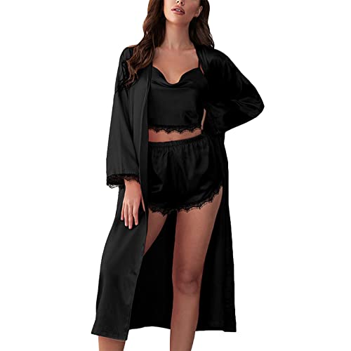 Damen Langes Kimono Nachtmantel Seidenrobe Morgenmantel Nachtwäsche Dessous Satin Nightwear Sexy Loungewear Nachthemd Und Blumenspitze Dessous Frauen Silk Lace Babydoll Nachtwäsche Nachthemd von Generic