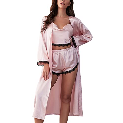 Damen Langes Kimono Nachtmantel Seidenrobe Morgenmantel Nachtwäsche Dessous Satin Nightwear Sexy Loungewear Nachthemd Und Blumenspitze Dessous Frauen Silk Lace Babydoll Nachtwäsche Nachthemd von Generic