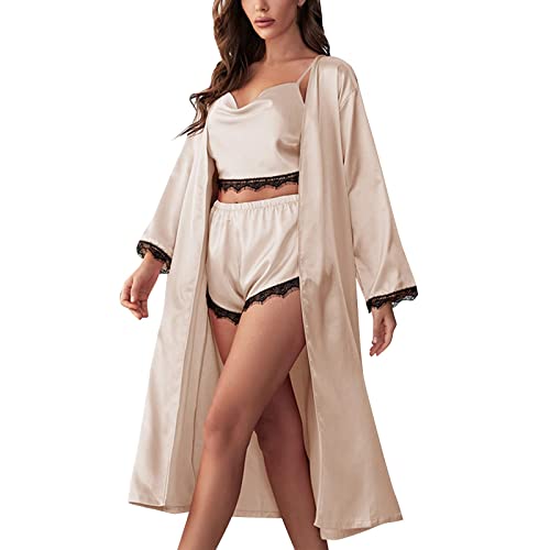 Damen Langes Kimono Nachtmantel Seidenrobe Morgenmantel Nachtwäsche Dessous Satin Nightwear Sexy Loungewear Nachthemd Und Blumenspitze Dessous Frauen Silk Lace Babydoll Nachtwäsche Nachthemd von Generic