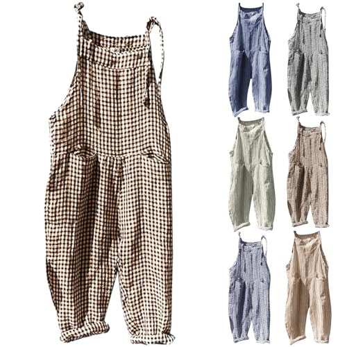 Damen Latzhose Sommer Gestreift Romper Beiläufig Loose Karierte Jumpsuit Overall Baggy Leinenhose Sommerhose mit Taschen von Generic