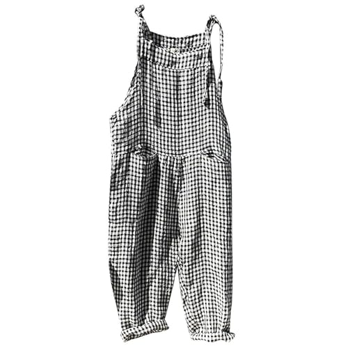 Damen Latzhose Sommer Gestreift Romper Beiläufig Loose Karierte Jumpsuit Overall Baggy Leinenhose Sommerhose mit Taschen von Generic