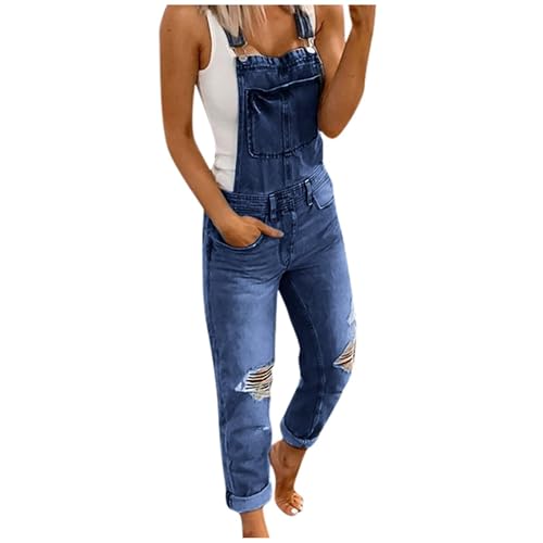 Damen Latzhosen Jeans - Jeanslatzhose Damen Lang Oversize Baggy Jumpsuit Mit Taschen Ärmellos Jeans Overalls Stretch Denim Overall Freizeithose Locker Latzjeans Arbeitshosen Denim Strampler von Generic