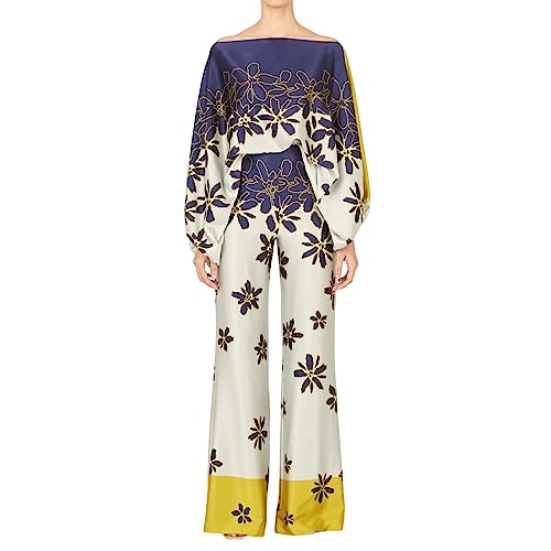 Damen Laufkleid Bedrucktes One-Shoulder-Hosen-Set für Damen mit lockeren Ärmeln, Oberteil und weitem Lässige Kleidung (Beige, S) von Generic