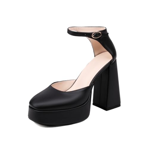 Damen Lebendige Plateau Pumps Knöchelriemen Mit Verstellbarer Schnalle Hohe Klobige Blockabsätze Runde Spitze Stilvolle Party Abendkleid Schuhe,Schwarz,42.5 EU von Generic
