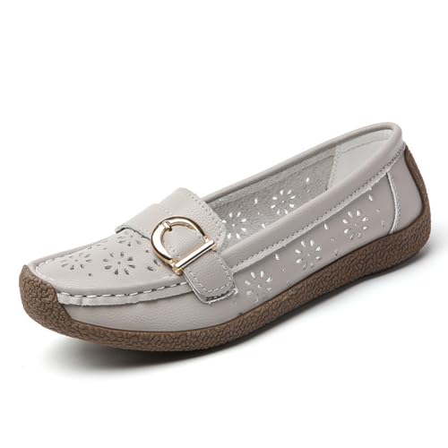 Damen Leder Bequeme Halbschuhe Aushöhlen Lässige Mokassins Mit Runder Spitze Wild Driving Flats Weiche Wanderbootsschuhe,Grau,36 EU Damen Leder Bequeme Halbschuhe Aushöhlen Lässige Mokassins Mit Runder Spitze Wild Driving Flats Weiche Wanderbootsschuhe,Grau,36 EU von Generic