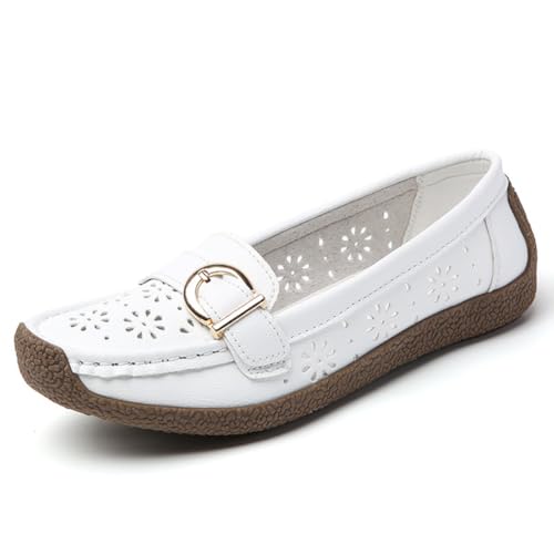 Damen Leder Bequeme Halbschuhe Aushöhlen Lässige Mokassins Mit Runder Spitze Wild Driving Flats Weiche Wanderbootsschuhe,Weiß,42 EU Damen Leder Bequeme Halbschuhe Aushöhlen Lässige Mokassins Mit Runder Spitze Wild Driving Flats Weiche Wanderbootsschuhe,Weiß,42 EU von Generic