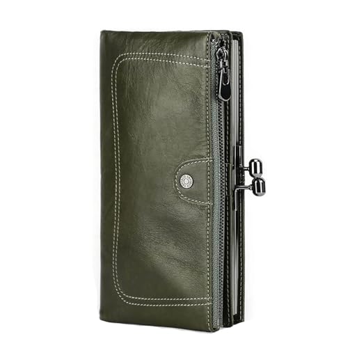 Damen Leder Geldbörse RFID Bifold Clutch Vintage Öl Rindsleder 10 Kartenfächer 2 Münzfächer Reißverschluss Handytasche für den täglichen Gebrauch, Grün , Einfarbig von Generic