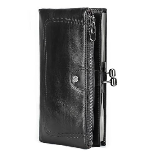 Damen Leder Geldbörse RFID Bifold Clutch Vintage Öl Rindsleder 10 Kartenfächer 2 Münzfächer Reißverschluss Handytasche für den täglichen Gebrauch, Schwarz, Einfarbig von Generic