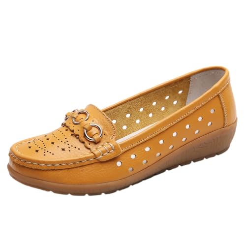 Damen Leder Klassische Keil Mokassins Halbschuhe Slipper Casual Walking Autofahren Cutout atmungsaktiv,Gelb,39 EU von Generic