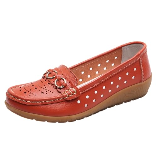 Damen Leder Klassische Keil Mokassins Halbschuhe Slipper Casual Walking Autofahren Cutout atmungsaktiv,Orange,38 EU von Generic