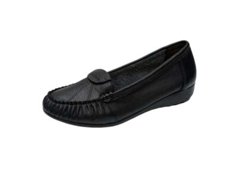 Damen-Leder-Loafer, Flache Ballerinas mit weicher Sohle Bequeme Freizeit-Arbeitsschuhe für Mütter,Schwarz,42 EU von Generic