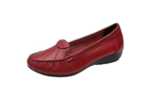 Damen-Leder-Loafer, Flache Ballerinas mit weicher Sohle Bequeme Freizeit-Arbeitsschuhe für Mütter,Wine red,37 EU von Generic