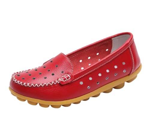 Damen-Leder-Loafer, hohl, flach, zum Hineinschlüpfen, Mokassins, Bequeme, runde Zehenpartie, lässig, Bootfahren, wildes Gehen, weiche Schuhe,Rot,37 EU von Generic