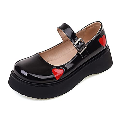 Damen Leder Loafer Flache Damen Leder Slip-On Wanderschuhe Schule Student Bootsschuhe Absatz 4CM Runde Zehe Leichte Schuhe (Schwarz 2 UK) von Generic