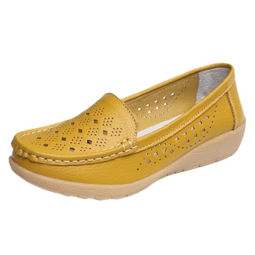 Damen Leder Loafer Schuhe Damen Mokassins Flache Freizeit Bequeme Wanderschuhe Autofahren Boot Stillschuhe,1 Yellow,39 EU von Generic