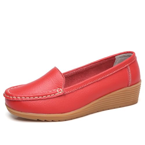 Damen Leder Loafer Schuhe Damen Mokassins Flache Freizeit Bequeme Wanderschuhe Autofahren Boot Stillschuhe,Rot,38 EU von Generic