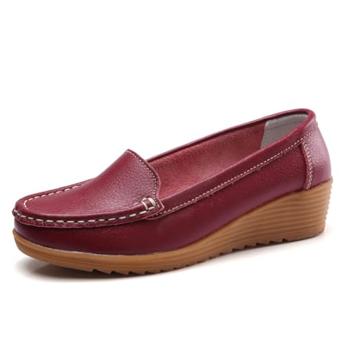 Damen Leder Loafer Schuhe Damen Mokassins Flache Freizeit Bequeme Wanderschuhe Autofahren Boot Stillschuhe,Wine red,38 EU von Generic