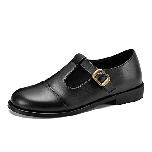 Damen-Leder-Loafer zum Hineinschlüpfen für Arbeit, Schule, Student, Bootsschuhe, runder Kopf, Wanderschuhe, leicht, rutschfest, Flache Schuhe, Absatz 2,5 cm (Schwarz 1.5 UK) von Generic