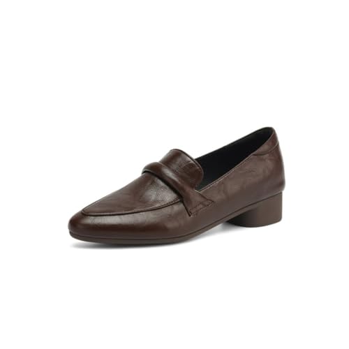 Damen Leder Penny Loafers Niedrige Chunky Block Heels Geschlossene Spitze Zehen Slip On Schuhe Für Lässige Tägliche Kleidung Im Büro,Braun,42 EU von Generic