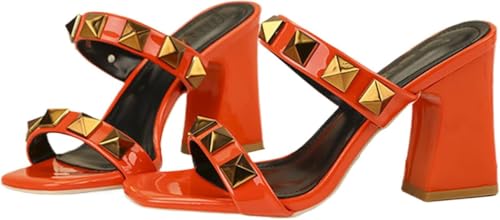 Damen Leder Strappy Studded Chunky Absatz Slide Sandalen Mode Multi Band Quadrat Zehe Open Slip On Comfort Block High Heel(Orange,37) von Generic