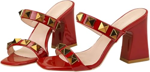 Damen Leder Strappy Studded Chunky Absatz Slide Sandalen Mode Multi Band Quadrat Zehe Open Slip On Comfort Block High Heel(Rot,38) von Generic