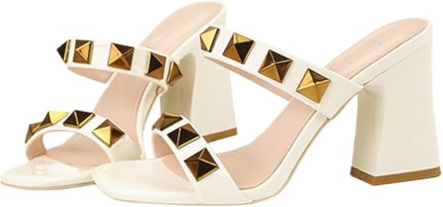 Damen Leder Strappy Studded Chunky Absatz Slide Sandalen Mode Multi Band Quadrat Zehe Open Slip On Comfort Block High Heel(White,41) von Generic