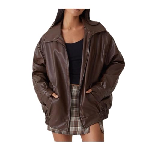 Damen Lederjacke übergroß Kunstlederjacke Modisch für Autumn und Winter Lange Ärmel Übergangsjacke Oversize Y2K von Generic