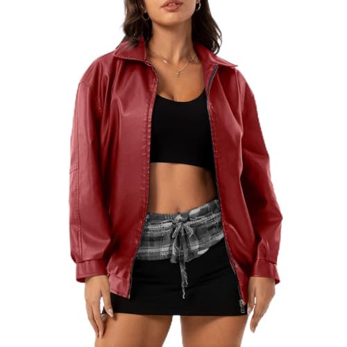 Damen Lederjacke übergroß Kunstlederjacke Modisch für Autumn und Winter Lange Ärmel Übergangsjacke Oversize Y2K von Generic
