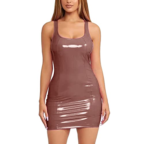 Damen Lederkleid Sexy Kleid Mode Frauen solide U-Ausschnitt ärmellose Mini Tasche Hip Nachtclub Kleid Bleistiftkleid Club Party Bodycon Minikleid (Khaki, XL) von Generic