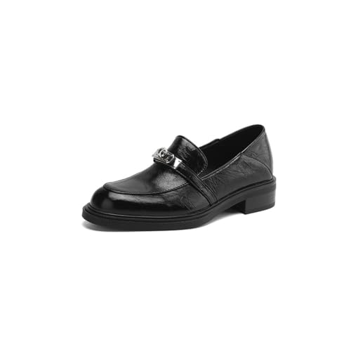 Damen Lederloafer Flacher Blockabsatz Runde Spitze Slipper Schuhe Silberne Kette Deko für tägliche Arbeit Casual,Schwarz,36 EU von Generic