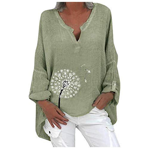 Damen Leinen Bluse Langarm Sommer Damen Oversize Leinenbluse Elegant Blumen Druck Shirt Bluse Leinen Pusteblume Motiv Longshirt Oberteile Tunika Lose Lang Tops von Generic