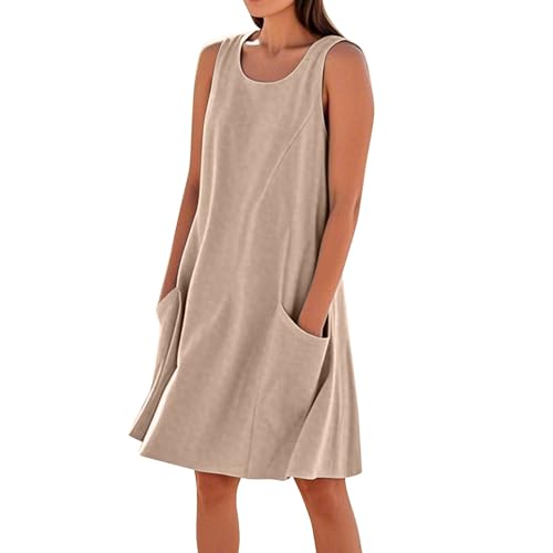 Damen Leinen Kleider Knielang Casual Strandkleid Ärmellos Kleid Sommer Leinen Baumwolle Freizeitkleid mit Taschen,Beige,S von Generic