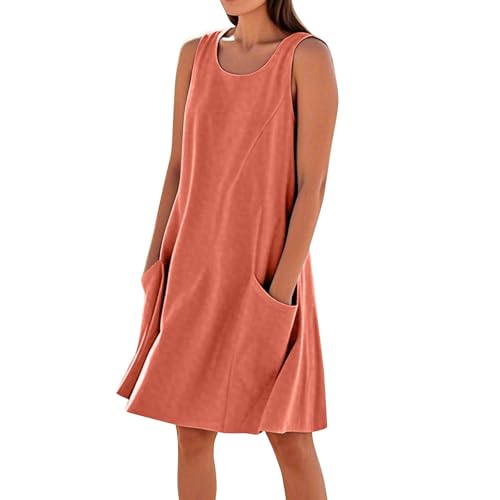 Damen Leinen Kleider Knielang Casual Strandkleid Ärmellos Kleid Sommer Leinen Baumwolle Freizeitkleid mit Taschen,Rot,S von Generic