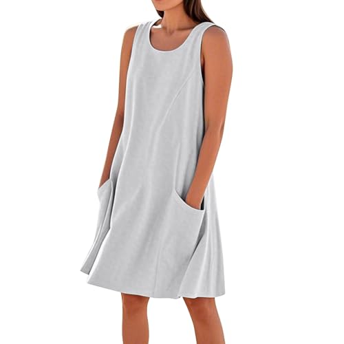 Damen Leinen Kleider Knielang Casual Strandkleid Ärmellos Kleid Sommer Leinen Baumwolle Freizeitkleid mit Taschen,Weiß,S von Generic