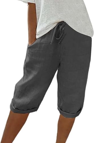 Damen Leinen Sommerhose 3/4 Casual Leichte Baumwolle Leinenhose Elastische High Waist Loose Freizeithose Elegante Lounge Hosen mit Taschen Mit Kordelzug Casual Pants Hohe Taille Freizeithose von Generic