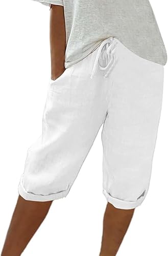 Damen Leinen Sommerhose 3/4 Casual Leichte Baumwolle Leinenhose Elastische High Waist Loose Freizeithose Elegante Lounge Hosen mit Taschen Mit Kordelzug Casual Pants Hohe Taille Freizeithose von Generic