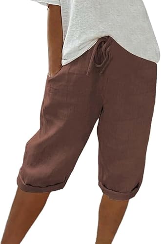 Damen Leinen Sommerhose 3/4 Casual Leichte Baumwolle Leinenhose Elastische High Waist Loose Freizeithose Elegante Lounge Hosen mit Taschen Mit Kordelzug Casual Pants Hohe Taille Freizeithose von Generic